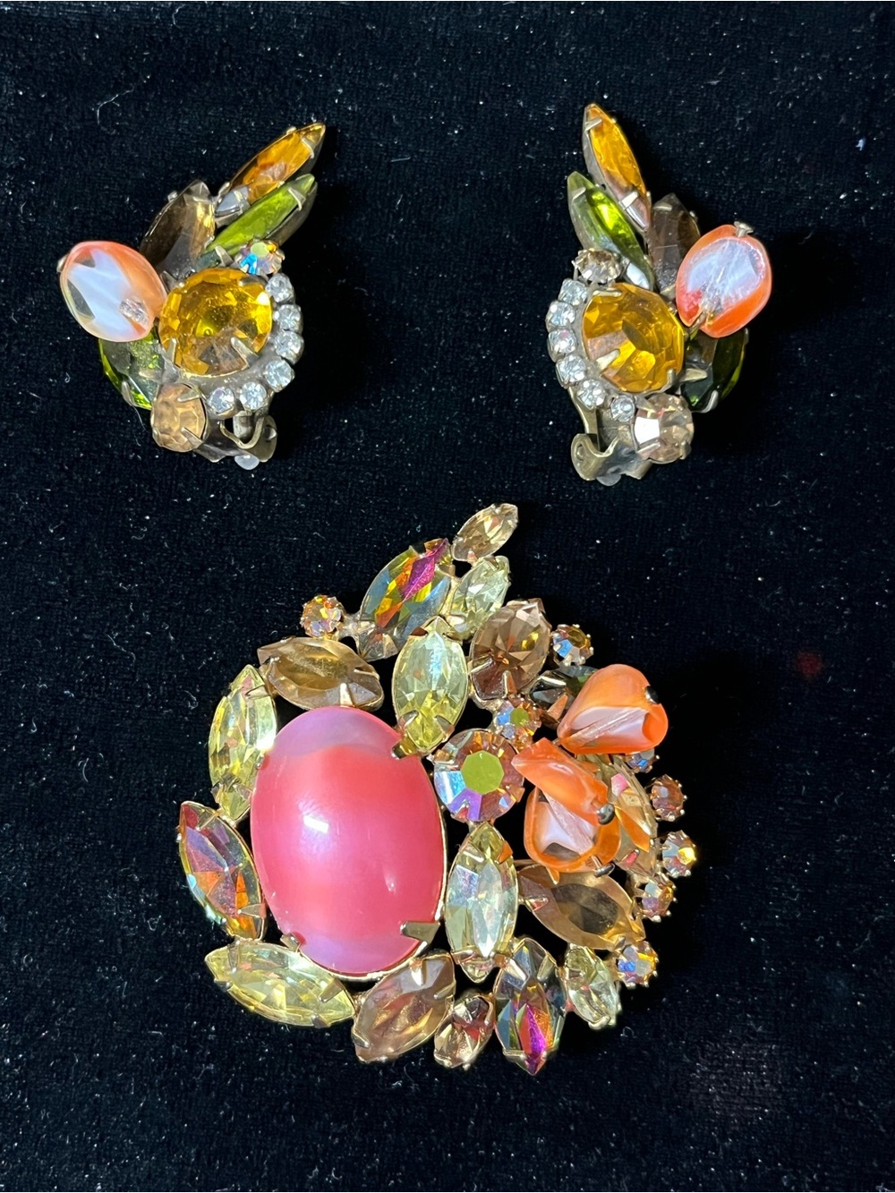 Juliana DeLizza Elster Tara Brooch Earring Set Orange Amber Art Glass 1769